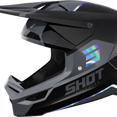 Capacete integral de motocross preto e cinzento com detalhes holográficos