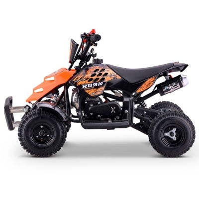 Quadriciclo infantil laranja e preto com texto RAPTOR ROAN RACING 49CC
