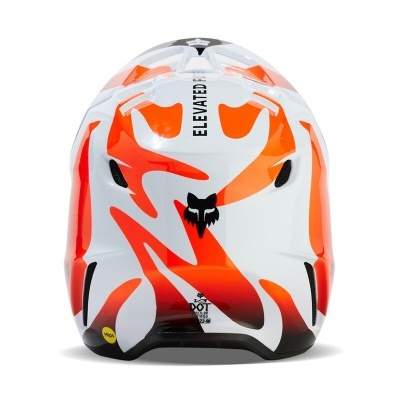 Capacete motociclismo branco e laranja com texto ELEVATED e selo DOT