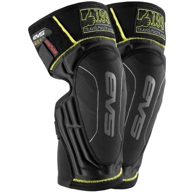 Par de joelheiras pretas com detalhes amarelos e cinzentos