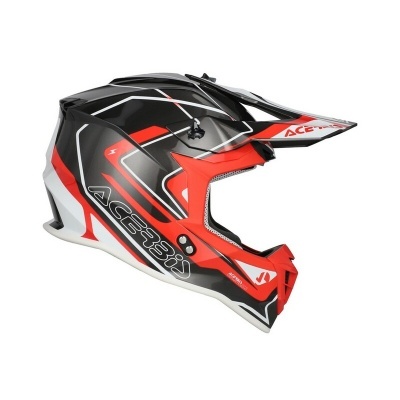 Capacete de motocross preto, vermelho e branco com padrão geométrico e texto ACE333