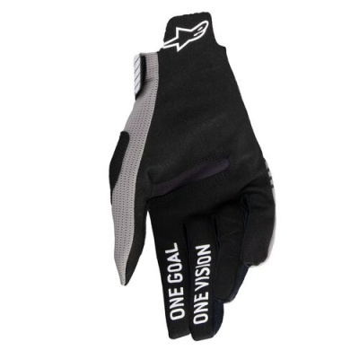 Luva de motociclismo preta e cinzenta com texto branco