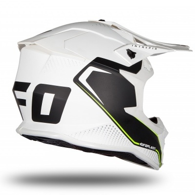 Capacete integral branco para motocross com detalhes pretos e verde