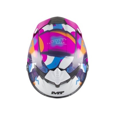 Capacete de mota MT colorido com design abstrato em fundo branco