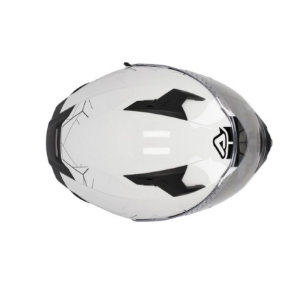 Capacete de motociclista branco com detalhes pretos e viseira transparente visto de cima