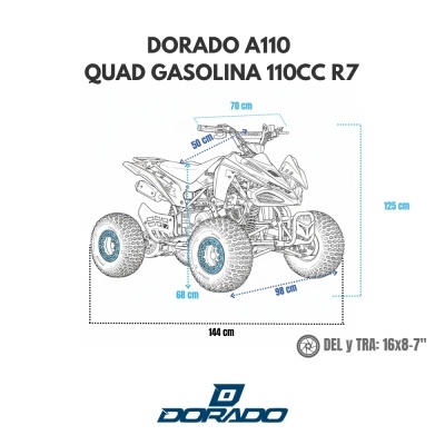 Desenho técnico de quadriciclo Dorado A110 com especificações de medidas em cm e dimensões das rodas.