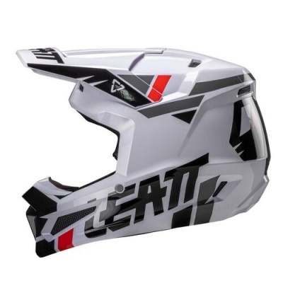 Capacete integral motocross/downhill branco com padrão geométrico e logo LEATT