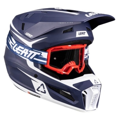 Capacete integral azul escuro e branco com óculos vermelhos e texto LEATT