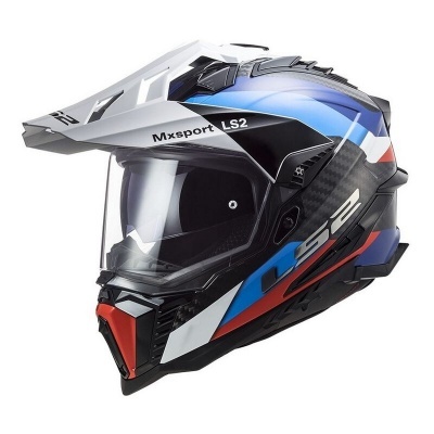 Capacete integral para motociclismo azul, preto, branco e vermelho com visor transparente e texto Mxsport LS2