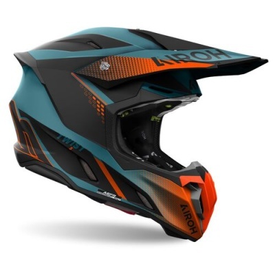 Capacete de motocross azul, preto e laranja com viseira e padrão gráfico