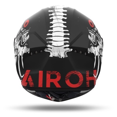 Capacete de moto preto com design branco e vermelho e texto AIROH