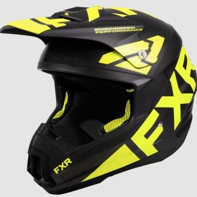 capacete de motocross preto e amarelo fluorescente com texto FXR