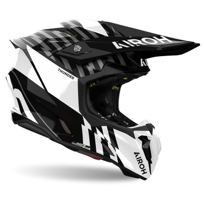 Capacete motocross Airoh Thunder preto, branco e cinza com texto
