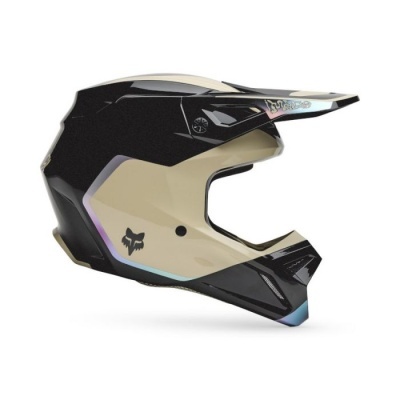 Capacete integral motocross preto e bege com logótipo raposa e visor com texto V3 RS PRO