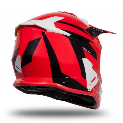 Capacete vermelho, preto e branco para motocross com design geométrico