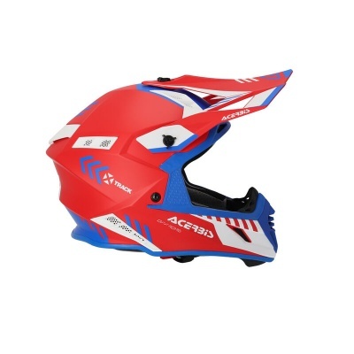 Capacete de motocross vermelho, azul e branco com padrões e texto Acerbis
