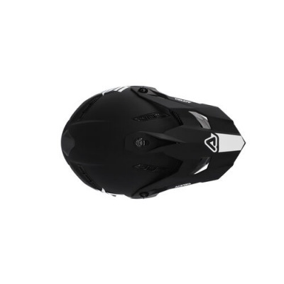 Capacete preto e branco aerodinâmico para proteção da cabeça.