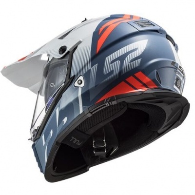 Capacete de moto LS2 azul escuro com detalhes laranja e cinza