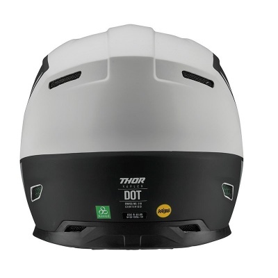 Capacete de motocicleta Thor branco e preto visto de trás