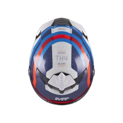 Capacete de mota MT azul branco vermelho e preto visto de cima