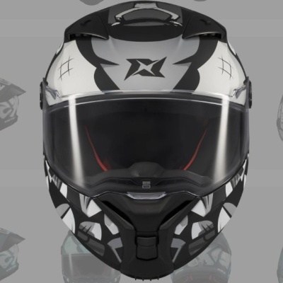 Capacete integral de motard branco e preto com viseira transparente e logótipo preto