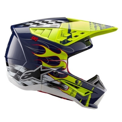 Capacete integral de motocross azul escuro com detalhes amarelos, chamas vermelhas e grafismos em xadrez