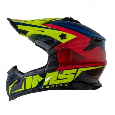 Capacete motocross colorido com visor e inscrições MSR racing