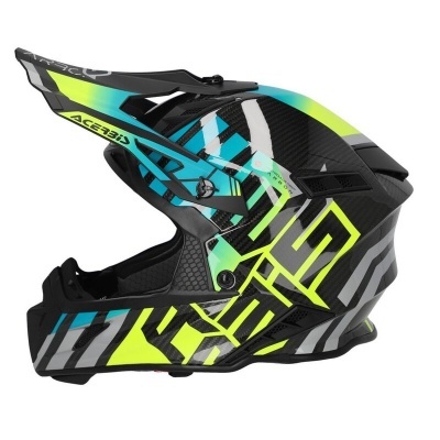 Capacete integral para motocross em preto, amarelo neón, azul e cinzento com padrão geométrico