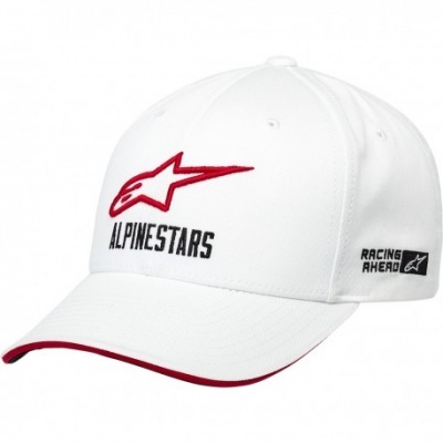 Boné branco com logo ALPINESTARS vermelho e texto RACING AHEAD na lateral