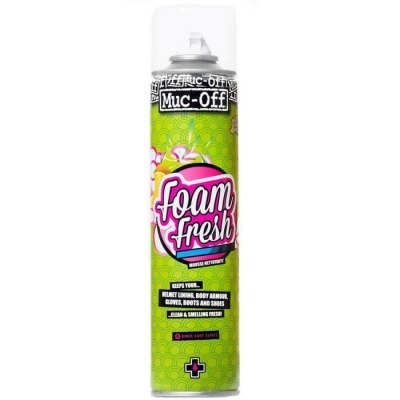 Spray de limpeza Muc-Off Foam Fresh em lata verde com tampa transparente