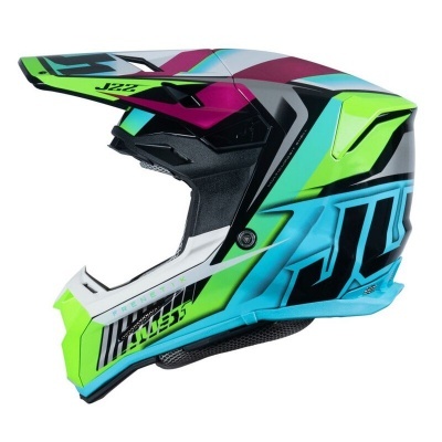 Capacete de motocross colorido com texto J22 e JITSIE