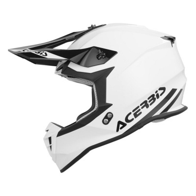 Capacete branco para motocross com detalhes pretos e logótipo ACERBIS