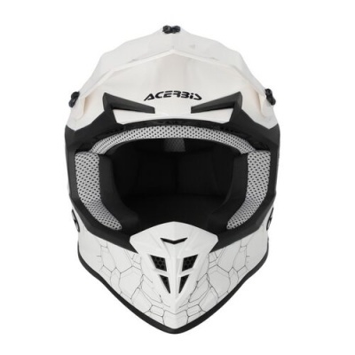 Capacete branco e preto com padrão hexagonal e marca ACERBIS