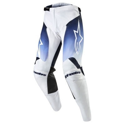 Calças desportivas Alpinestars em branco, azul e preto com logótipos visíveis