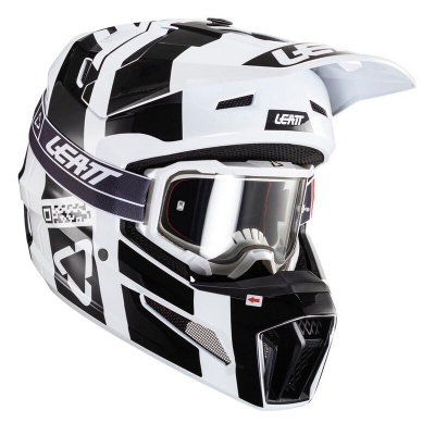 Capacete motocross branco e preto com óculos espelhados e logotipos Leatt