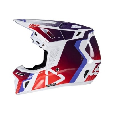 Capacete integral colorido para motocross com design geométrico e texto LEATT.