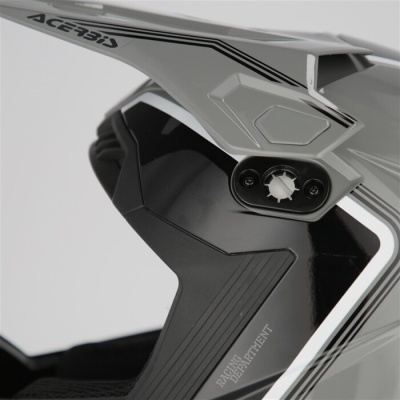 Capacete de motocross cinzento, preto e branco com texto ACERBIS e RACING DEPARTMENT