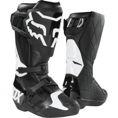 Botas de motocross pretas e brancas com logótipo da raposa e fechos ajustáveis