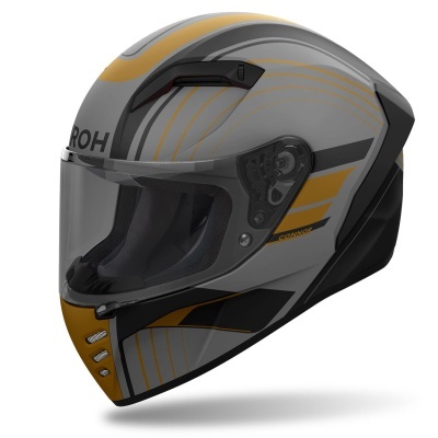 Capacete integral de motocicleta cinza com detalhes amarelos e preto com viseira transparente.