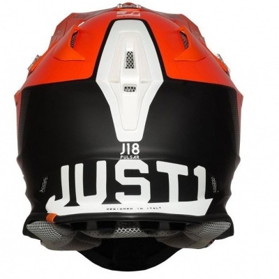 Capacete de motocross preto, laranja e branco com texto JUST1