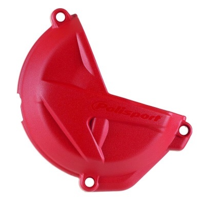 Proteção vermelha de embraiagem em plástico com texto Polisport.