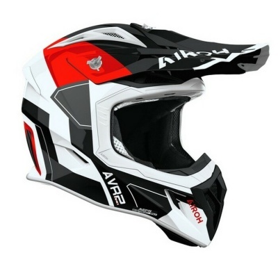 Capacete de motocross em vermelho, preto, branco e cinza com interior acolchoado preto