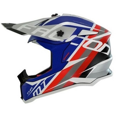 Capacete integral motocross azul, vermelho e cinza com visor ajustável e texto 'FACTION'.