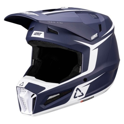 Capacete integral azul escuro e branco com marca LEATT para motocross