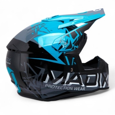 Capacete integral preto e azul com padrões geométricos e letras MADX PROTECTION WEAR