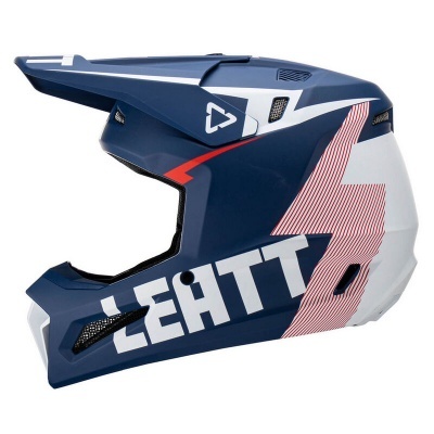 Capacete integral azul, branco e vermelho com texto 'LEATT'