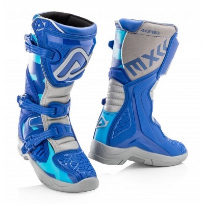 Botas de motocross azuis e cinzentas com fechos de fivela