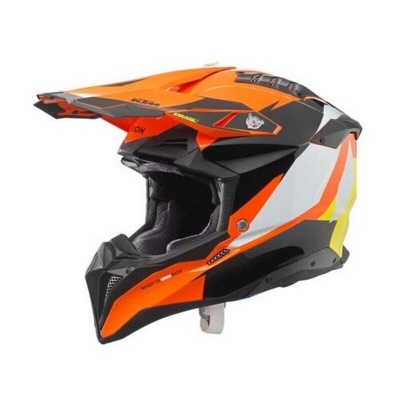 Capacete de motocross laranja e preto com branco e amarelo