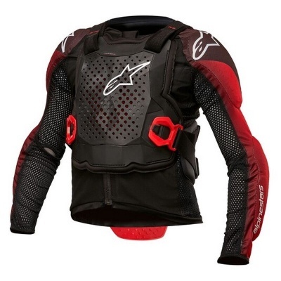 Camisola de motocross preta e vermelha com peitoral preto e logos brancos