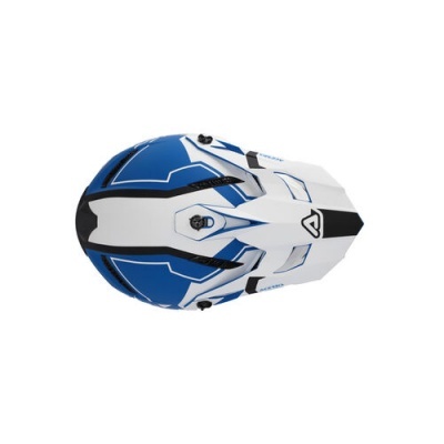 Capacete para motocross azul, branco e preto visto de cima